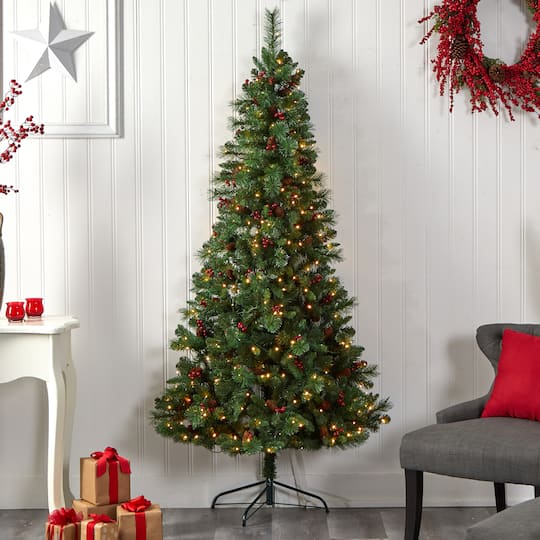 7ft. Pre-Lit Flat Back Montreal Mountain Pine Artificial Christmas Tree, White LED Lights